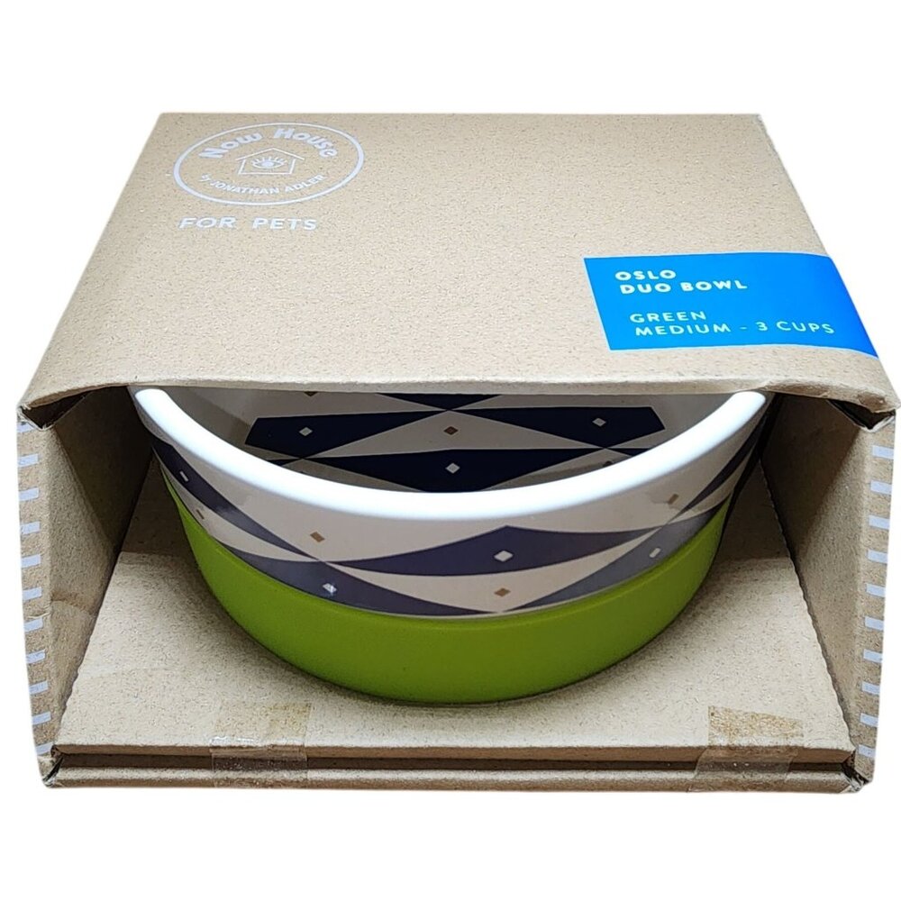 NIB Now House for Pets by Jonathan Adler Oslo Duo Dog Bowl Green Medium 3 Cups